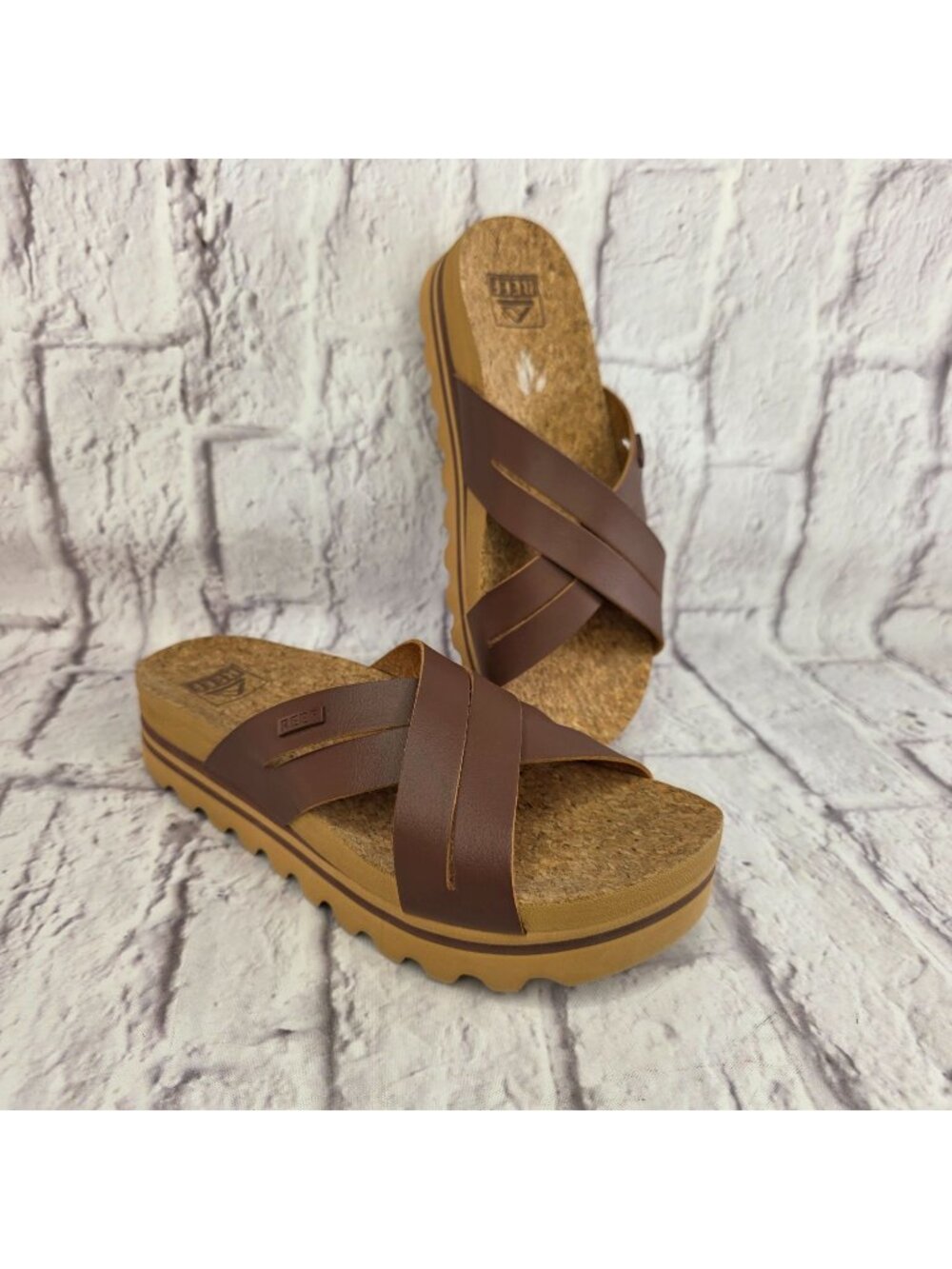 REEF Kaia Cross Cushioned Slide Sandal Women Size 8 Natural Tan Vegan Leather